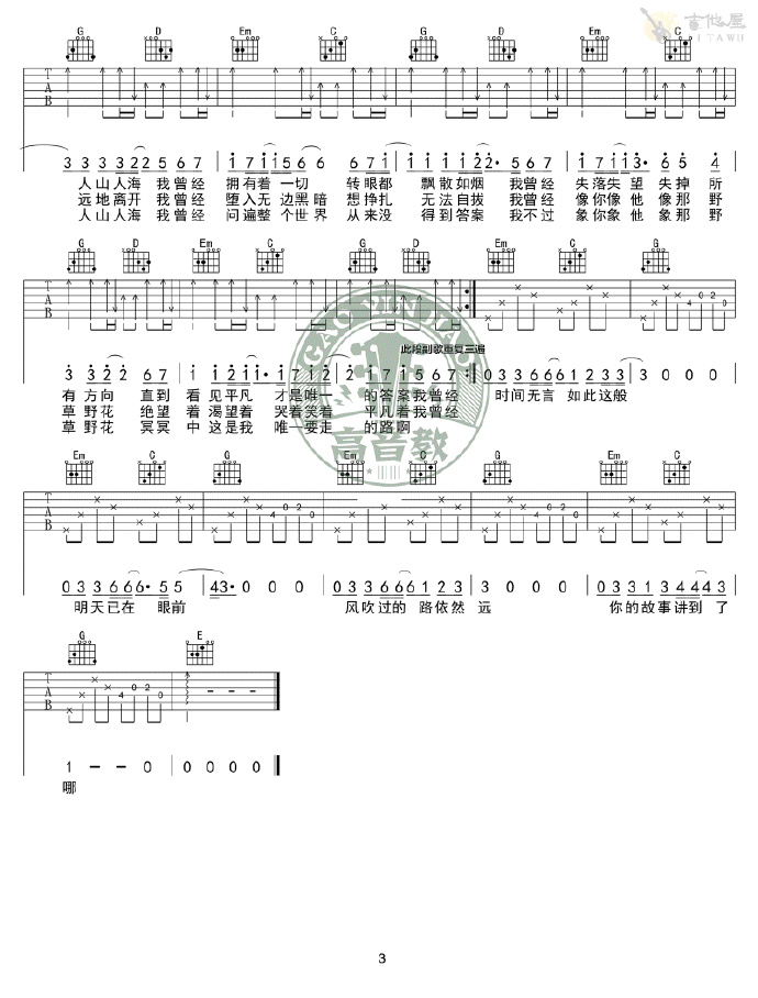 平凡之路吉他谱_朴树_G调简单版_吉他弹唱六线谱(图3)