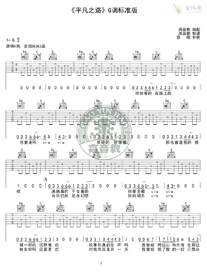 平凡之路吉他谱_朴树_G调简单版_吉他弹唱六线谱(图1)