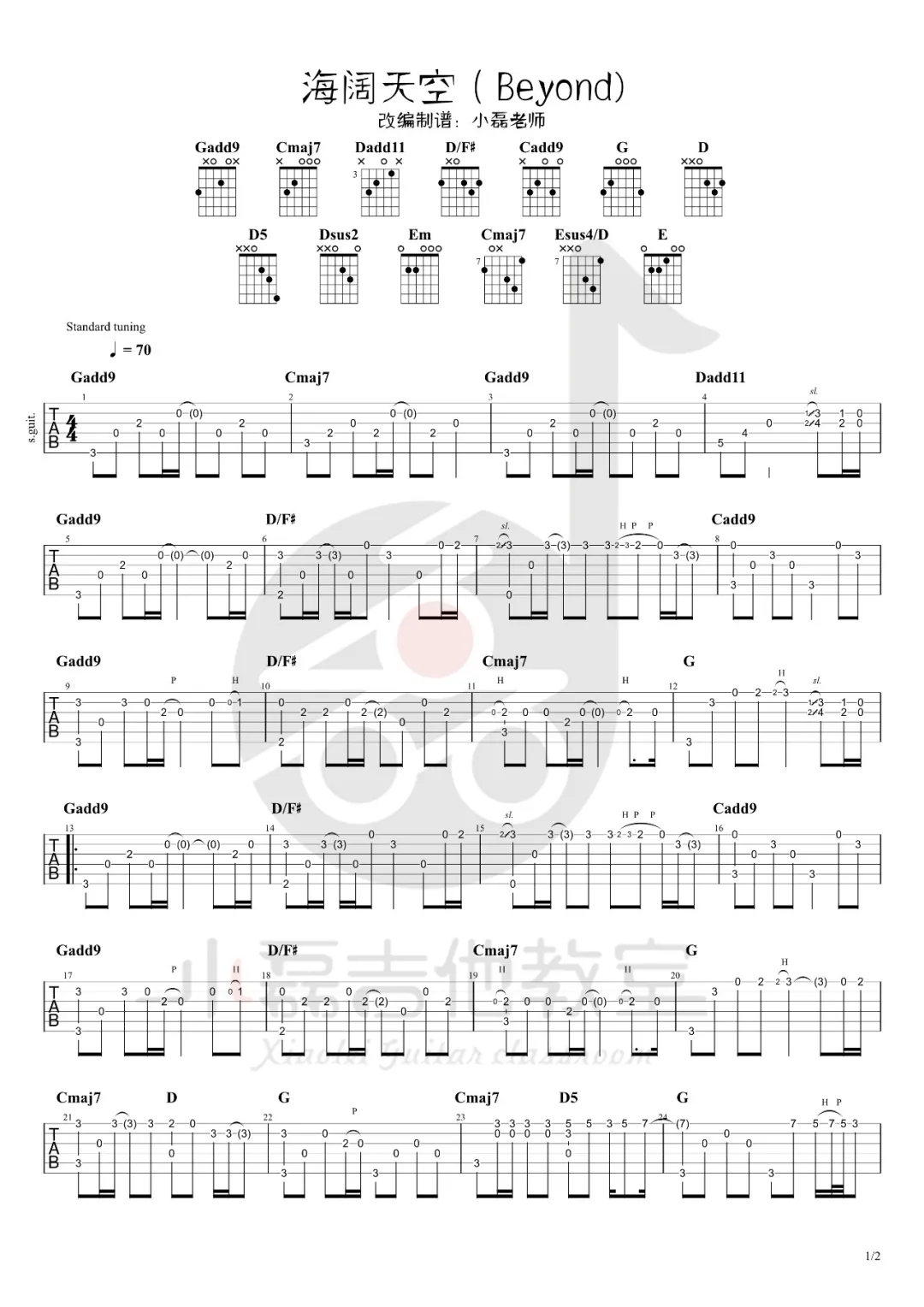 海阔天空指弹吉他谱_Beyond_吉他独奏六线谱_粤语经典(图1)