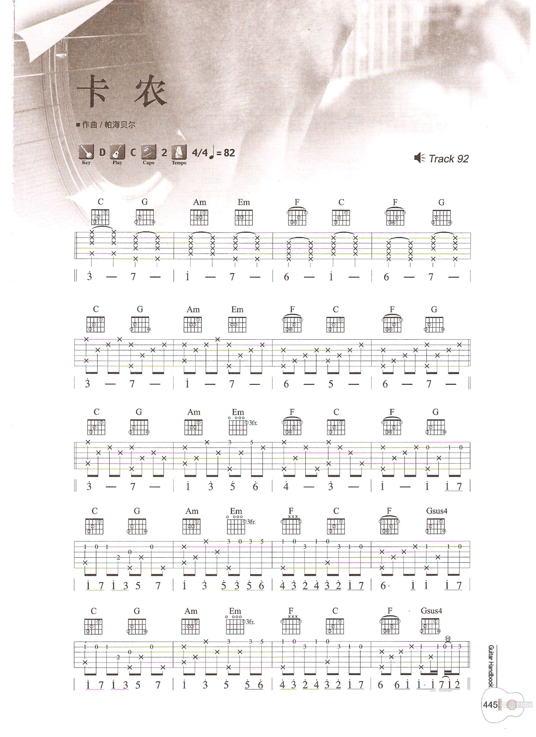 卡农指弹吉他谱_弹指之间版本_C调带和弦_独奏六线谱(图1)