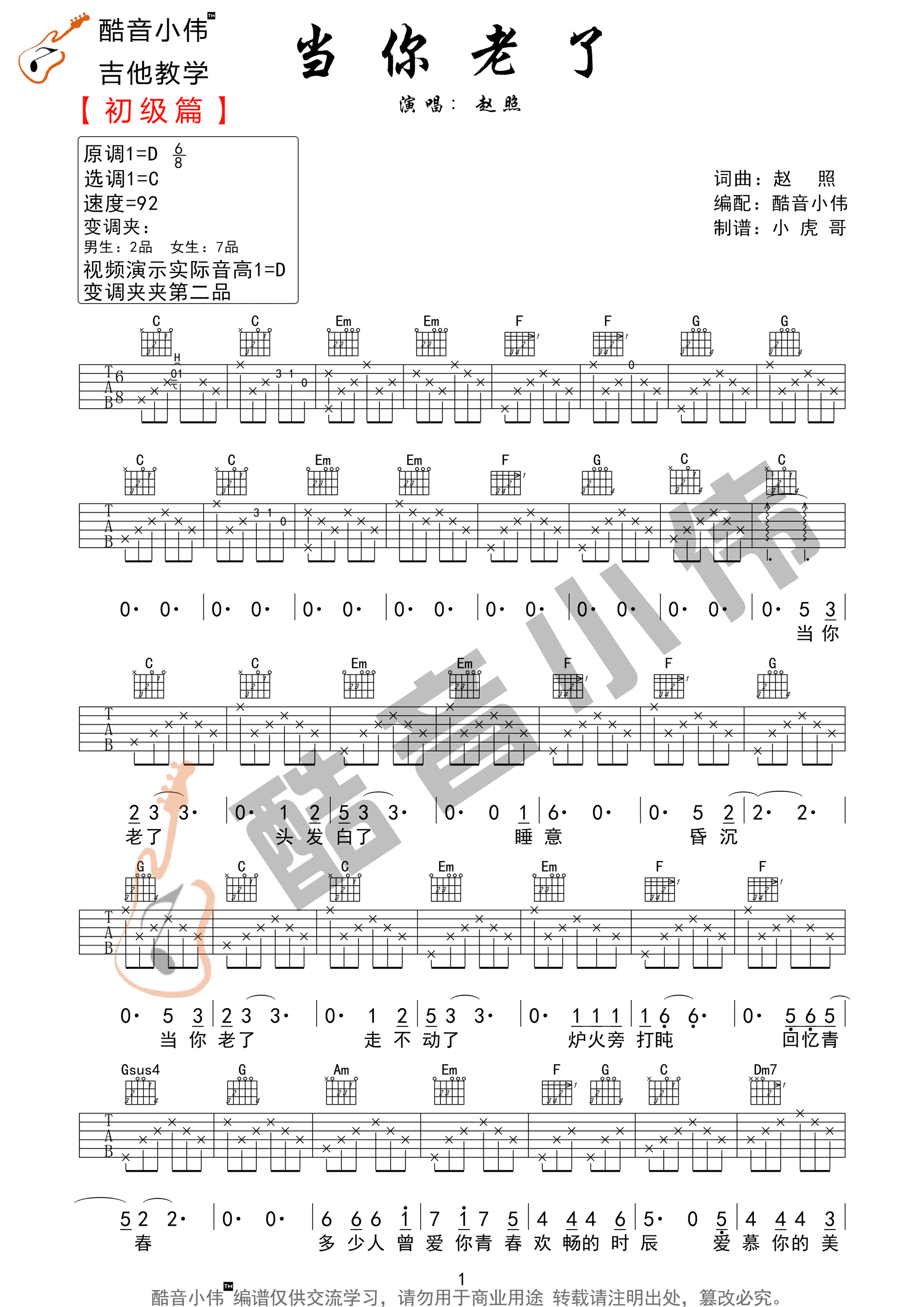 当你老了吉他谱_赵照_C调简单版六线谱_吉他弹唱教学(图1)