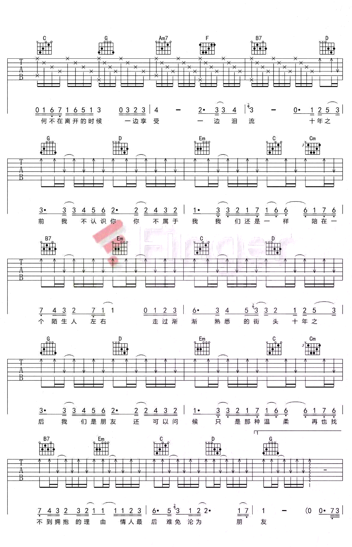 十年吉他谱_陈奕迅_G调原版六线谱_吉他弹唱教学(图2)